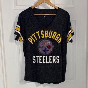 NFL Steelers Tee heather grey yellow white stripes letters rhinestone diamonds